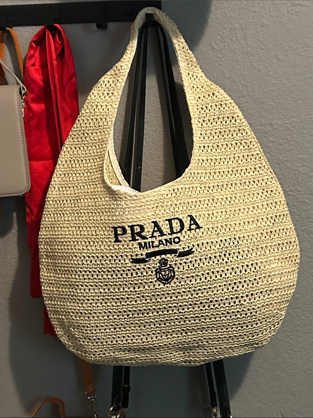 Prada Cream Straw Tote with Black Logo